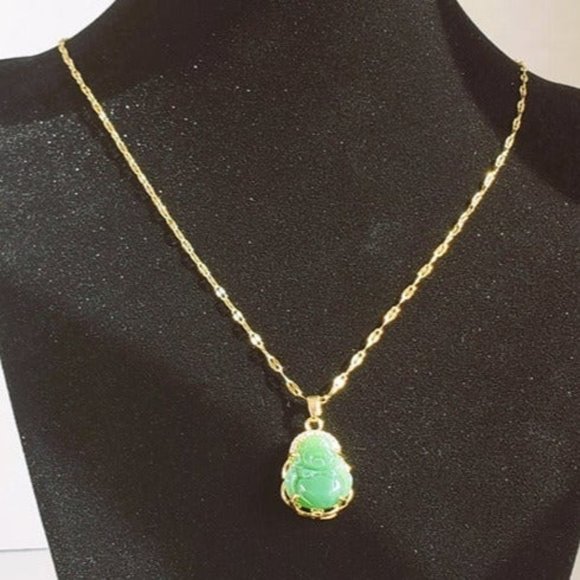 14K Gold Womens Green Jade Buddha Necklace 1ct Diamond Jewelry 14 Karat Buddah - Picture 1 of 5